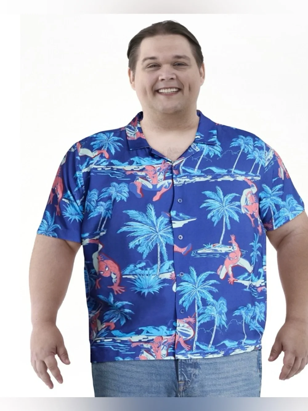 Marvel Spider-Man Blue  Tropical Hawaiian Camp Button Up Shirt Men’s 2XL NWT